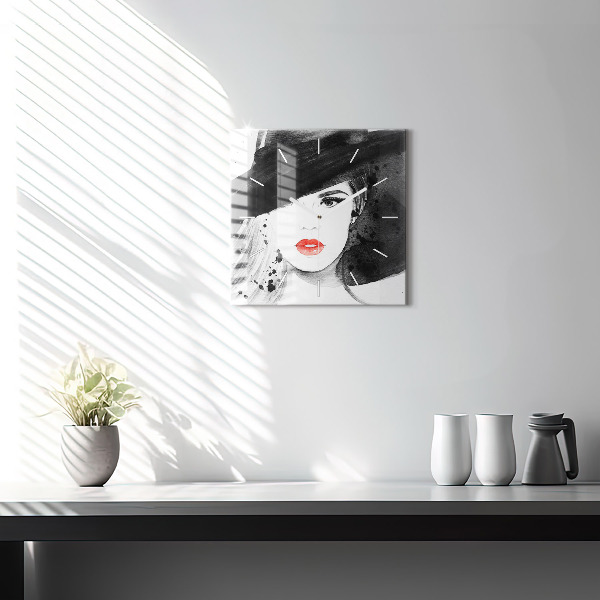 Ceas pătrat de perete din sticlă Femeie cu pălărie