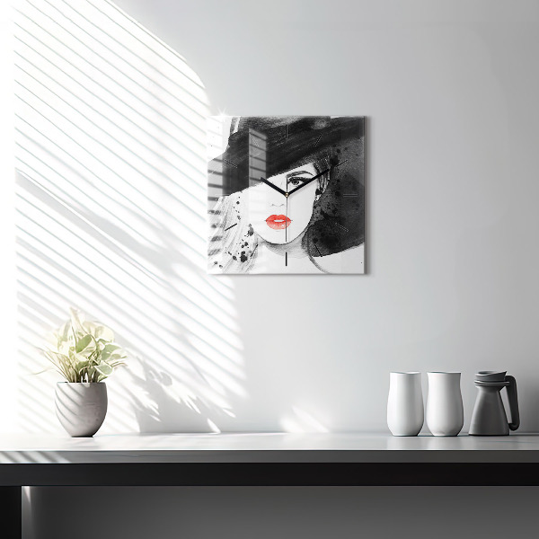 Ceas pătrat de perete din sticlă Femeie cu pălărie