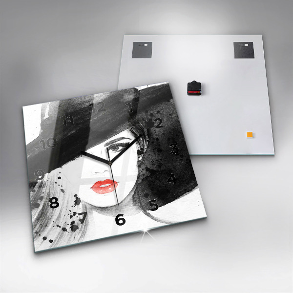 Ceas pătrat de perete din sticlă Femeie cu pălărie