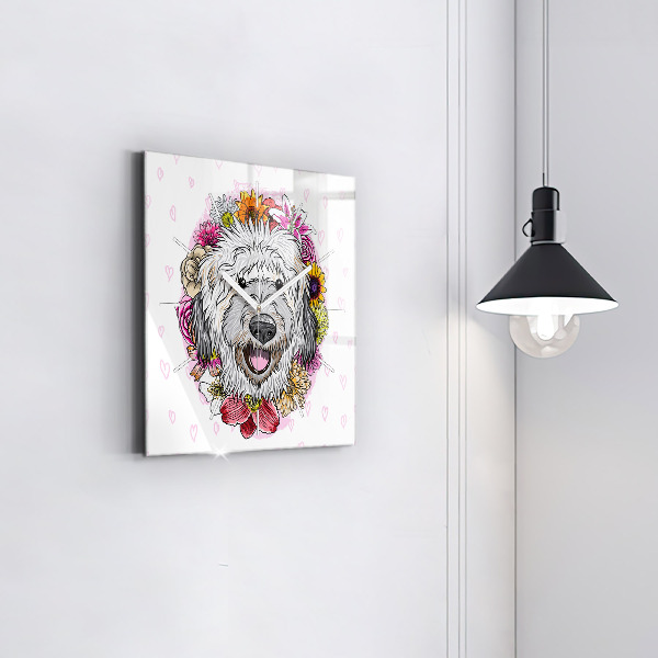 Ceas pătrat de perete din sticlă Câine fericit în flori