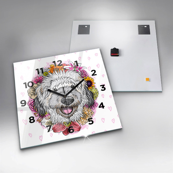 Ceas pătrat de perete din sticlă Câine fericit în flori