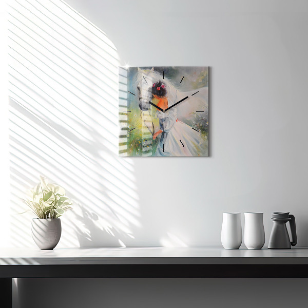 Ceas pătrat de perete din sticlă Femeie frumoasă cu un cal