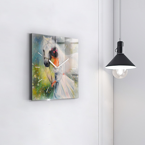 Ceas pătrat de perete din sticlă Femeie frumoasă cu un cal