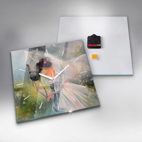 Ceas pătrat de perete din sticlă Femeie frumoasă cu un cal
