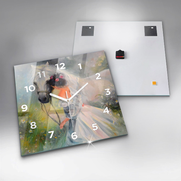 Ceas pătrat de perete din sticlă Femeie frumoasă cu un cal