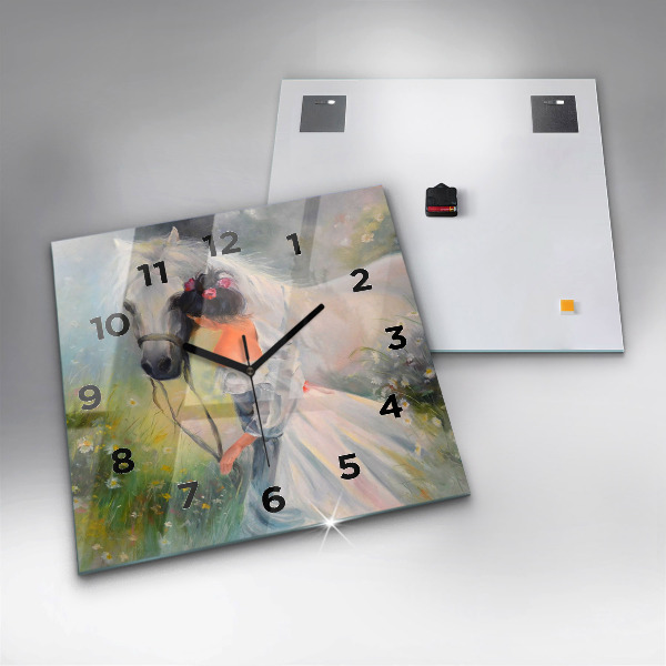 Ceas pătrat de perete din sticlă Femeie frumoasă cu un cal