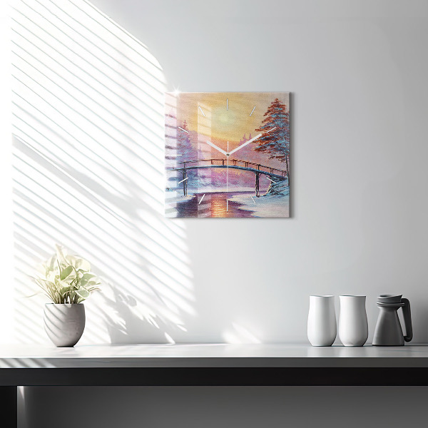 Ceas pătrat de perete din sticlă Pom de Crăciun și pod