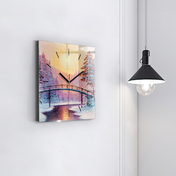 Ceas pătrat de perete din sticlă Pom de Crăciun și pod