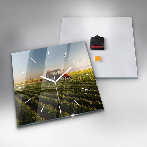 Ceas pătrat de perete din sticlă Tractor într-un câmp agricol