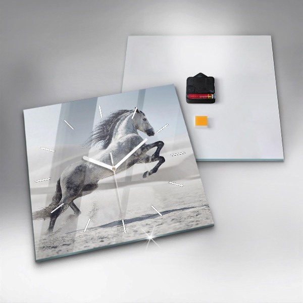 Ceas pătrat de perete din sticlă Cal alb în galop