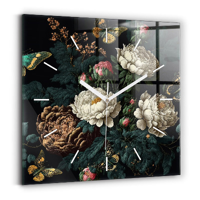 Ceas pătrat de perete din sticlă Floare și fluturi aurii