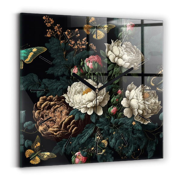 Ceas pătrat de perete din sticlă Floare și fluturi aurii