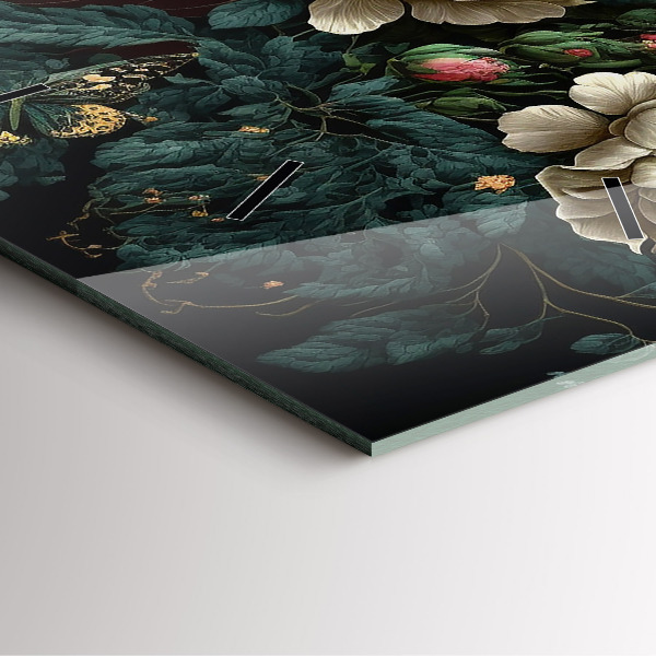 Ceas pătrat de perete din sticlă Floare și fluturi aurii