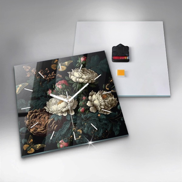Ceas pătrat de perete din sticlă Floare și fluturi aurii