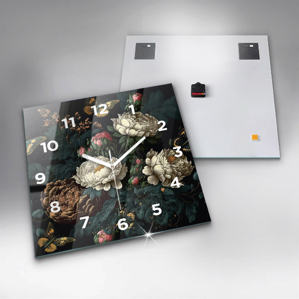 Ceas pătrat de perete din sticlă Floare și fluturi aurii