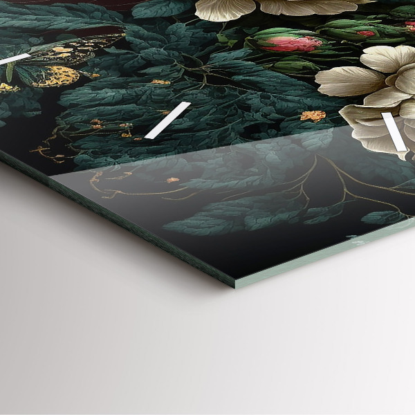 Ceas pătrat de perete din sticlă Floare și fluturi aurii