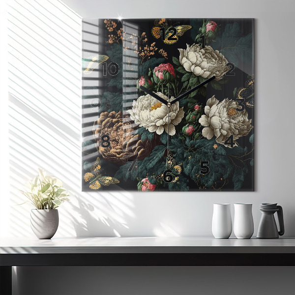 Ceas pătrat de perete din sticlă Floare și fluturi aurii