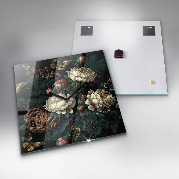 Ceas pătrat de perete din sticlă Floare și fluturi aurii