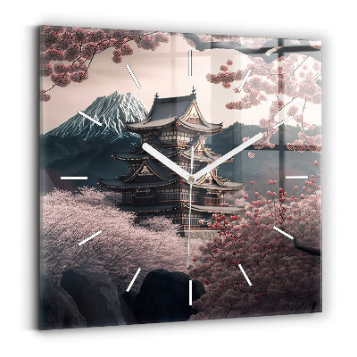 Ceas pătrat de perete din sticlă Turn și flori în Asia