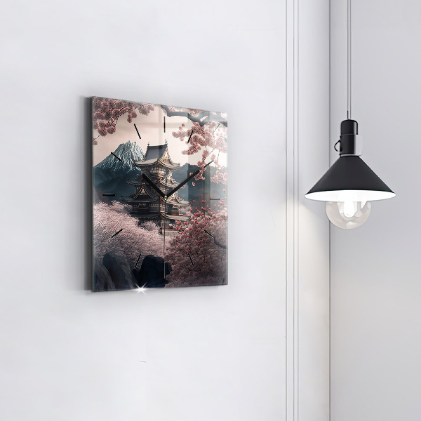 Ceas pătrat de perete din sticlă Turn și flori în Asia