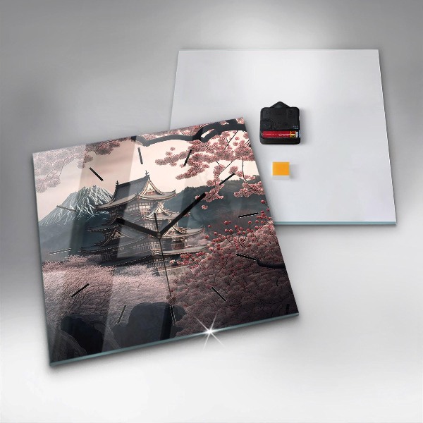 Ceas pătrat de perete din sticlă Turn și flori în Asia