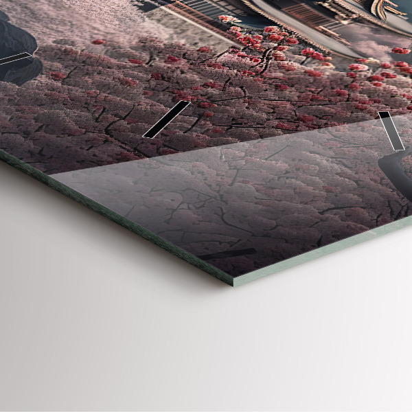 Ceas pătrat de perete din sticlă Turn și flori în Asia