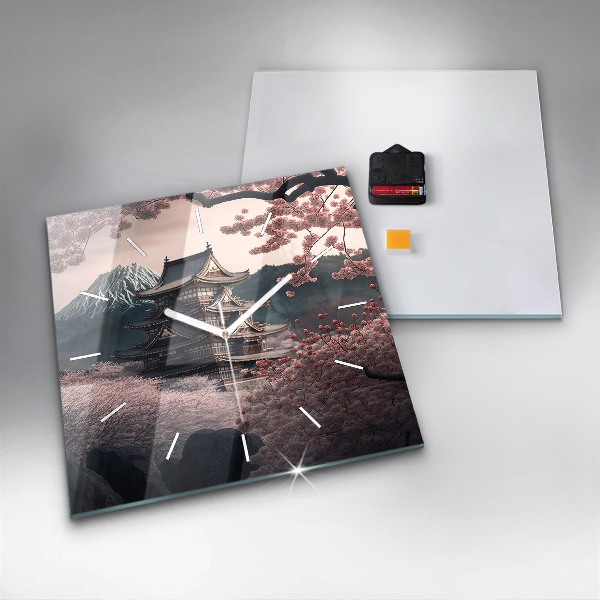 Ceas pătrat de perete din sticlă Turn și flori în Asia