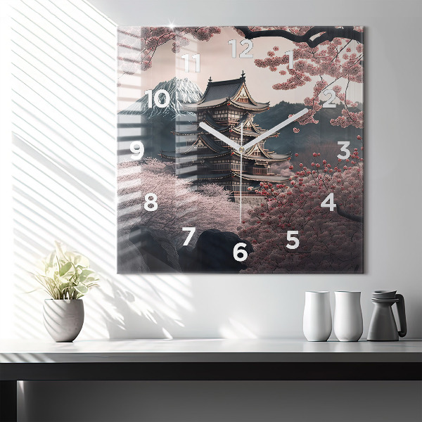 Ceas pătrat de perete din sticlă Turn și flori în Asia