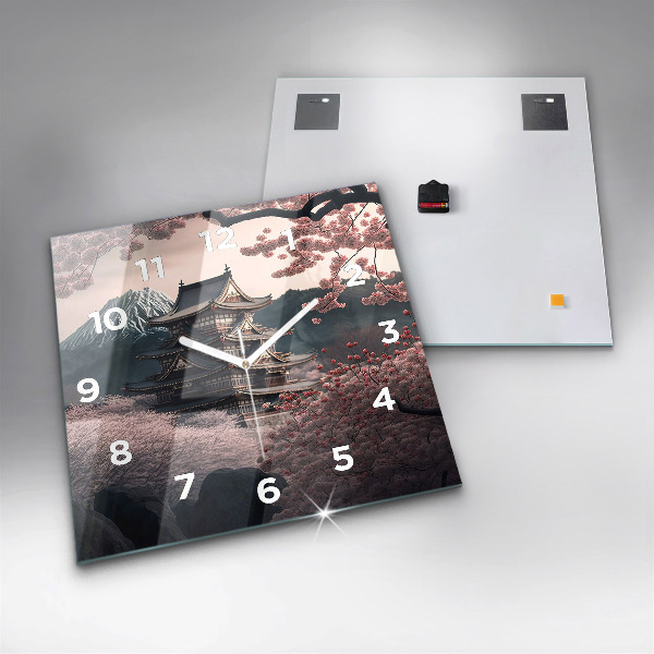Ceas pătrat de perete din sticlă Turn și flori în Asia