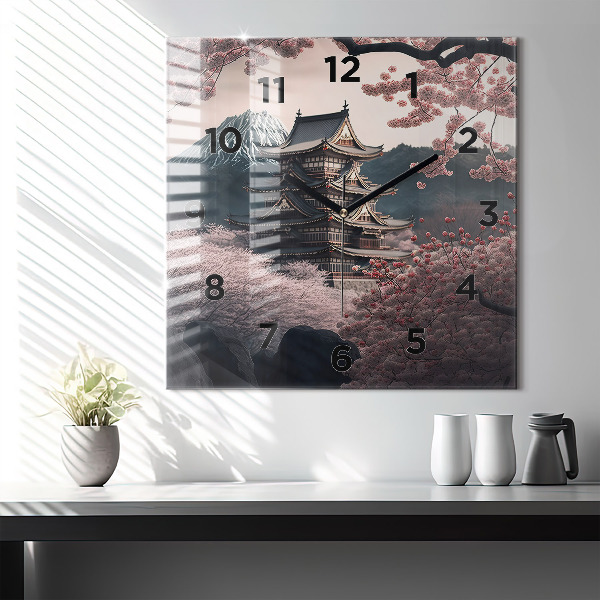 Ceas pătrat de perete din sticlă Turn și flori în Asia