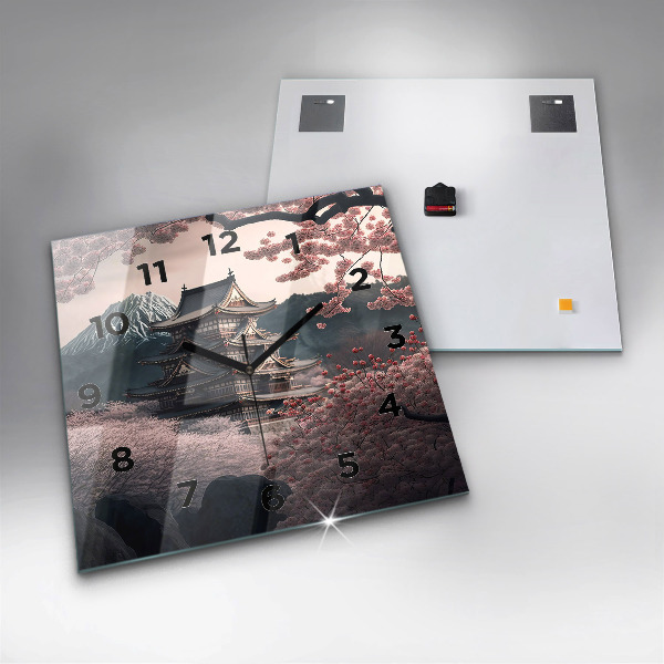 Ceas pătrat de perete din sticlă Turn și flori în Asia