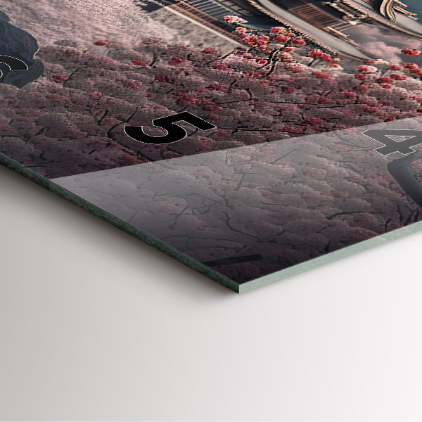 Ceas pătrat de perete din sticlă Turn și flori în Asia