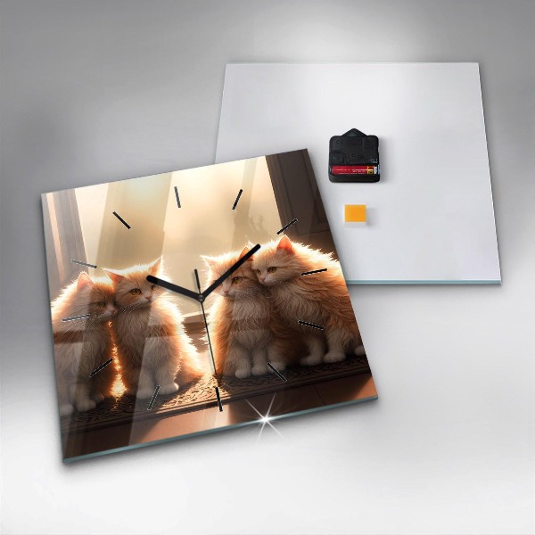 Ceas pătrat de perete din sticlă Patru pisoi la soare