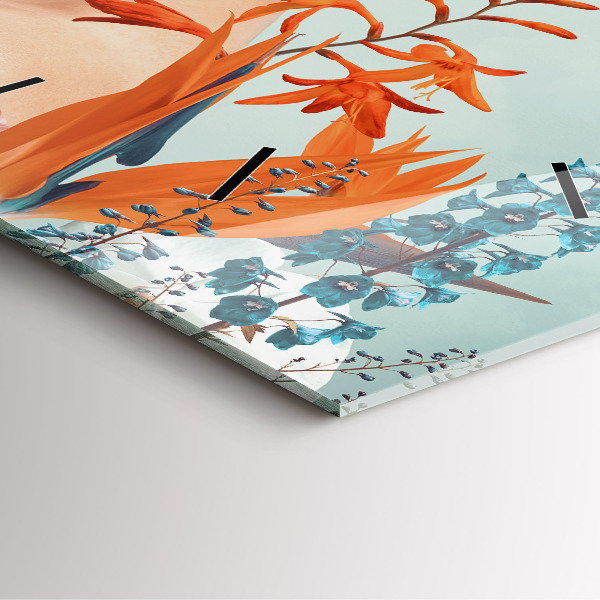 Ceas pătrat de perete din sticlă Femeie cu flori