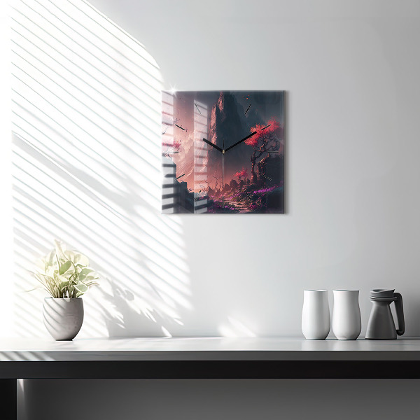 Ceas pătrat de perete din sticlă Pădure și munți magici