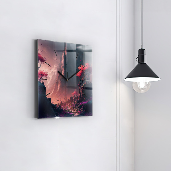 Ceas pătrat de perete din sticlă Pădure și munți magici