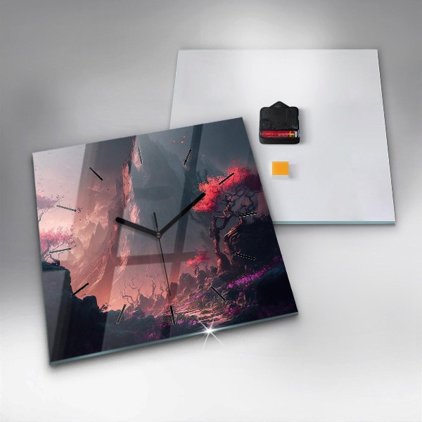Ceas pătrat de perete din sticlă Pădure și munți magici
