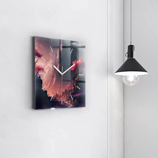 Ceas pătrat de perete din sticlă Pădure și munți magici