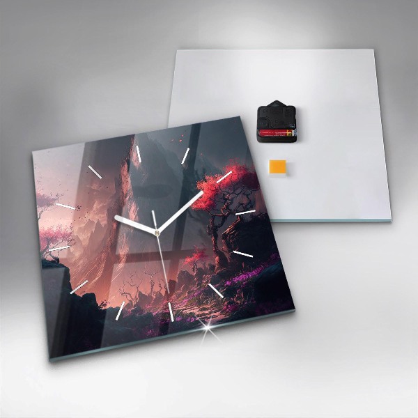 Ceas pătrat de perete din sticlă Pădure și munți magici