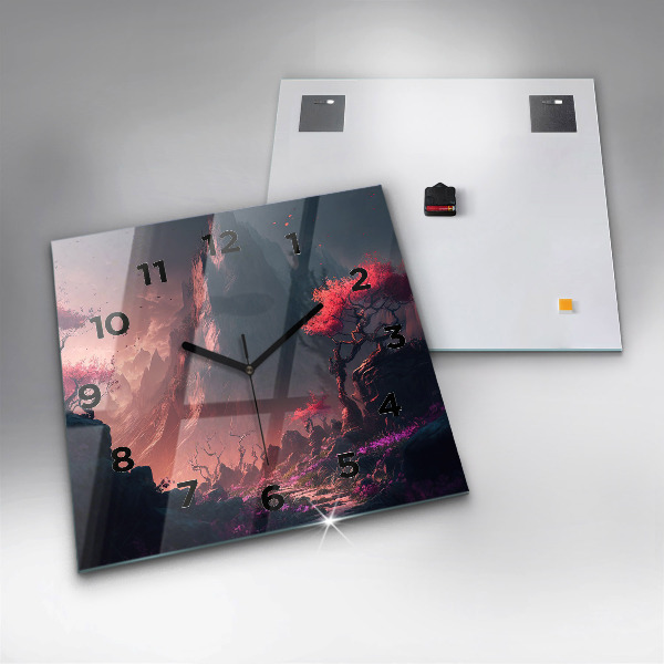 Ceas pătrat de perete din sticlă Pădure și munți magici