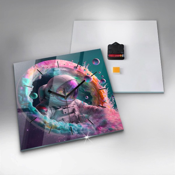 Ceas pătrat de perete din sticlă Cosmonaut și nori colorați