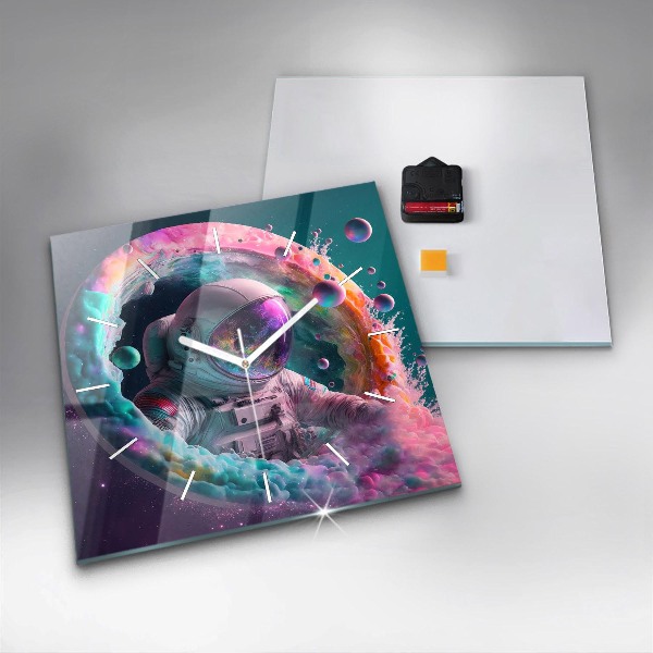 Ceas pătrat de perete din sticlă Cosmonaut și nori colorați