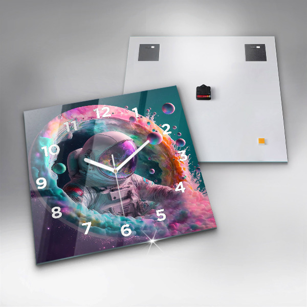 Ceas pătrat de perete din sticlă Cosmonaut și nori colorați