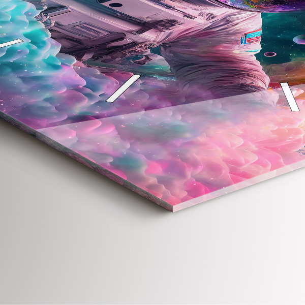 Ceas pătrat de perete din sticlă Cosmonaut și nori colorați