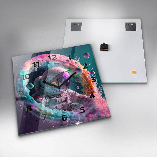 Ceas pătrat de perete din sticlă Cosmonaut și nori colorați