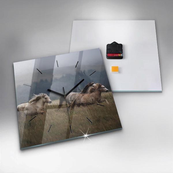 Ceas pătrat de perete din sticlă Caii în galop