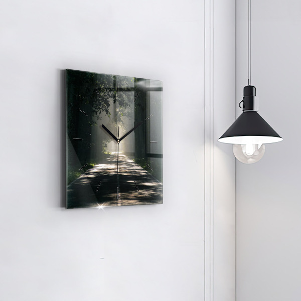 Ceas pătrat de perete din sticlă Drum forestier și dâre de lumină solară