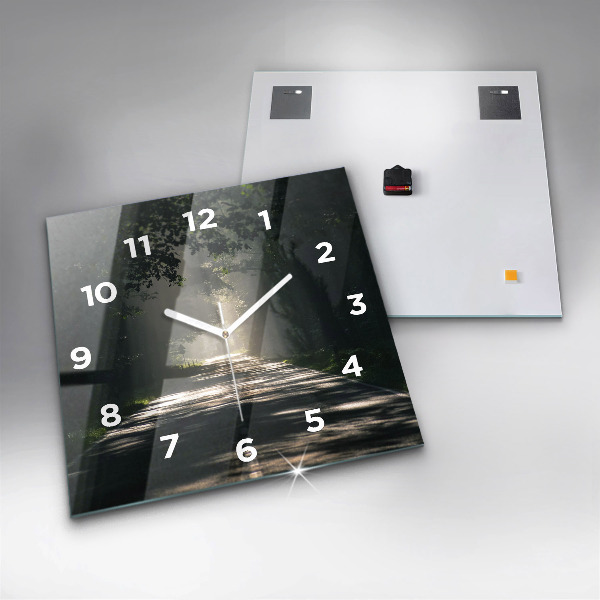 Ceas pătrat de perete din sticlă Drum forestier și dâre de lumină solară