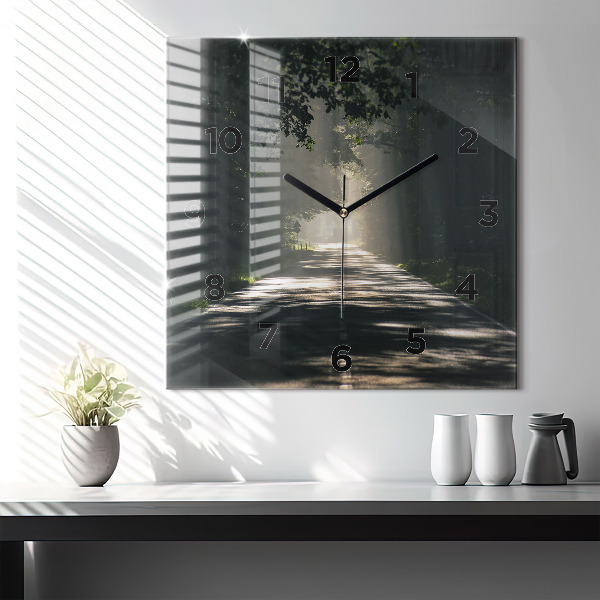 Ceas pătrat de perete din sticlă Drum forestier și dâre de lumină solară