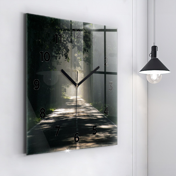 Ceas pătrat de perete din sticlă Drum forestier și dâre de lumină solară